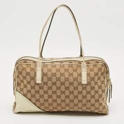 Pre Owned Gucci Beige/Off White GG Canvas and Leather Britt Boston Bag
