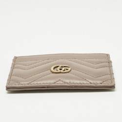 Pre Owned Gucci Dusty Pink Matelassé Leather GG Marmont Card Holder