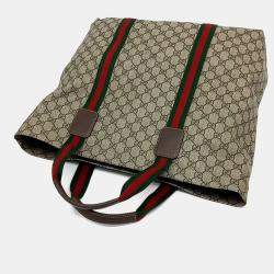 Pre Owned Gucci Beige Brown Coated Canvas Web Tote Bag