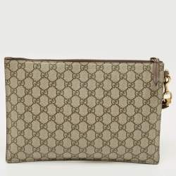 Pre Owned Gucci Beige/Mustard GG Supreme Canvas and Leather Tiger Head  Wristlet Pouch