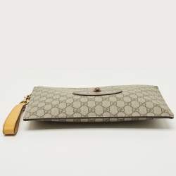 Pre Owned Gucci Beige/Mustard GG Supreme Canvas and Leather Tiger Head  Wristlet Pouch