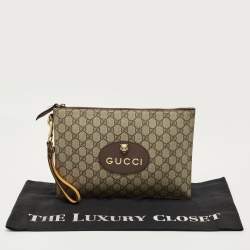 Pre Owned Gucci Beige/Mustard GG Supreme Canvas and Leather Tiger Head  Wristlet Pouch