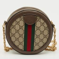 Pre Owned Gucci Brown/Beige GG Supreme Canvas and Leather Mini Ophidia Round Bag