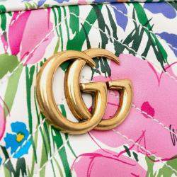Pre Owned Gucci White Ken Scott Mini GG Marmont Floral Printed Matelasse Leather Crossbody