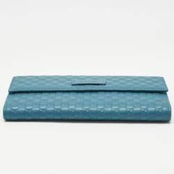 Pre Owned Gucci Teal Blue Microguccissima Leather Flap Continental Wallet
