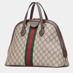 Pre Owned Gucci Beige Brown Medium GG Supreme Ophidia Web Satchel