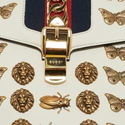 Pre Owned Gucci Off White Leather Medium Embellished Web Sylvie Top Handle Bag