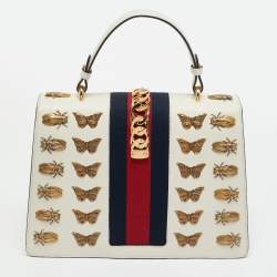 Pre Owned Gucci Off White Leather Medium Embellished Web Sylvie Top Handle Bag