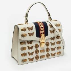 Pre Owned Gucci Off White Leather Medium Embellished Web Sylvie Top Handle Bag