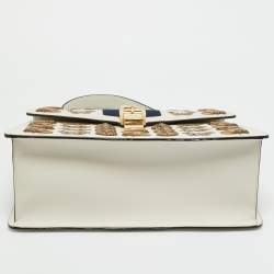 Pre Owned Gucci Off White Leather Medium Embellished Web Sylvie Top Handle Bag