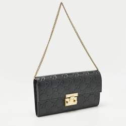 Pre Owned محفظة غوتشي قفل سلاسل قماشية جلد غوتشي أسود