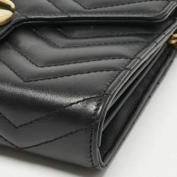 Pre Owned Gucci Black Matelassé Leather GG Marmont Wallet on Chain