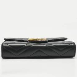 Pre Owned Gucci Black Matelassé Leather GG Marmont Wallet on Chain