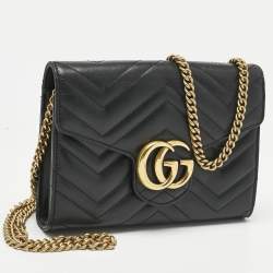 Pre Owned Gucci Black Matelassé Leather GG Marmont Wallet on Chain