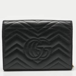Pre Owned Gucci Black Matelassé Leather GG Marmont Wallet on Chain