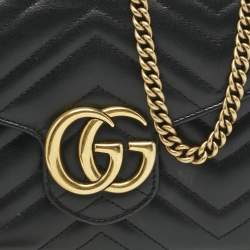 Pre Owned Gucci Black Matelassé Leather GG Marmont Wallet on Chain