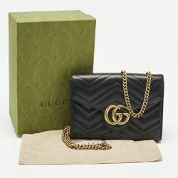 Pre Owned Gucci Black Matelassé Leather GG Marmont Wallet on Chain