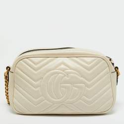 Pre Owned Gucci White Matelassé Chevron Leather GG Marmont Small Camera Bag