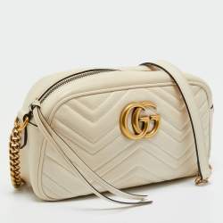 Pre Owned Gucci White Matelassé Chevron Leather GG Marmont Small Camera Bag