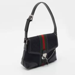 Pre Owned GuccI Black GG Canvas and Leather Web Treasure Shoulder Bag