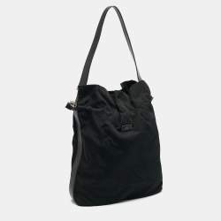 Pre Owned Gucci Black Leather and Nylon Drawstring Bucket Bag