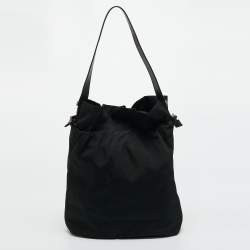 Pre Owned Gucci Black Leather and Nylon Drawstring Bucket Bag