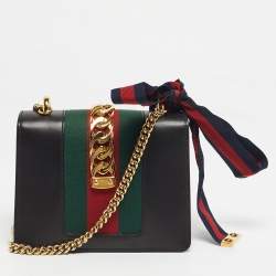 Pre Owned Gucci Black Leather Mini Web Chain Sylvie Shoulder Bag
