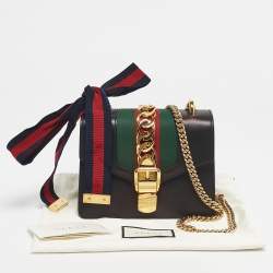 Pre Owned Gucci Black Leather Mini Web Chain Sylvie Shoulder Bag
