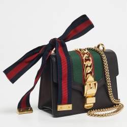 Pre Owned Gucci Black Leather Mini Web Chain Sylvie Shoulder Bag