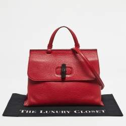 Pre Owned Gucci Red Leather Medium Bamboo Daily Top Handle Bag