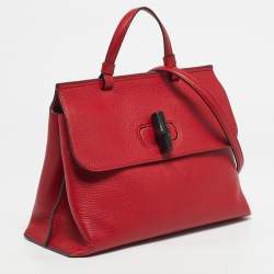 Pre Owned Gucci Red Leather Medium Bamboo Daily Top Handle Bag