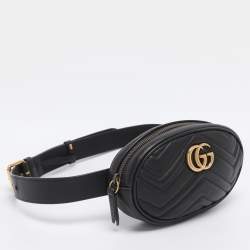 Pre Owned Gucci Black Matelassé Leather GG Marmont Belt Bag