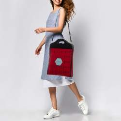 Pre Owned Gucci Red/Black Felt and Leather Script Logo 100 Centennial Tote