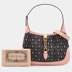 Pre Owned Gucci Blue/Pink Limited Edition Small GG Embroidered Denim Floral Jackie 1961 Crossbody