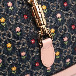 Pre Owned Gucci Blue/Pink Limited Edition Small GG Embroidered Denim Floral Jackie 1961 Crossbody