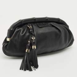 Pre Owned Gucci Black Leather Bamboo Frame Tassel Clutch