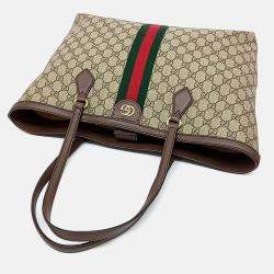 Pre Owned Gucci Beige Brown Leather and PVC Ophidia GG Supreme Shopper Bag
