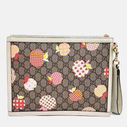 Pre Owned Gucci Beige Brown Coated canvas Les Pommes Pouch