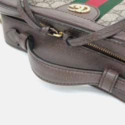 Pre Owned Gucci Beige Brown Leather and Coated canvas Ophidia GG Shoulder Bag Small