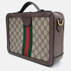 Pre Owned Gucci Beige Brown Leather and Coated canvas Ophidia GG Shoulder Bag Small