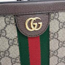 Pre Owned Gucci Beige Brown Leather and Coated canvas Ophidia GG Shoulder Bag Small