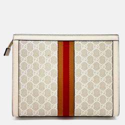 Pre Owned Gucci Beige Leather and Coated canvas Ophidia Clutch