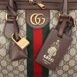 Pre Owned Gucci Beige Brown Leather and Coated canvas Ophidia Savoy Duffel Bag