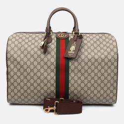 Pre Owned Gucci Beige Brown Leather and PVC Ophidia Savoy Duffel Bag