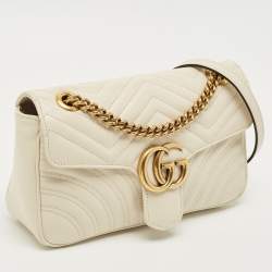 Pre Owned Gucci Off White Matelassé Leather Medium GG Marmont Shoulder Bag