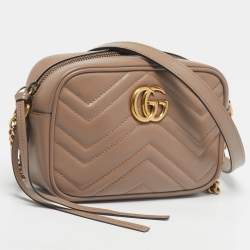 Pre Owned Gucci Dusty Pink Matelassé Leather GG Marmont Mini Camera Bag
