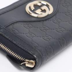 Pre Owned Gucci Navy Blue Guccissima Leather Sukey Zip Around Wallet