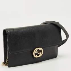 Pre Owned Gucci Black Leather Interlocking G Dollar Chain Wallet