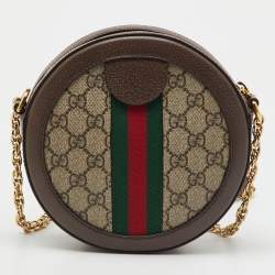 Pre Owned Gucci Brown/Beige GG Supreme Canvas and Leather Mini Ophidia Round Bag