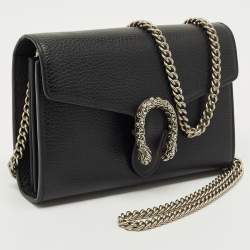 Pre Owned Gucci Black Leather Mini Dionysus Crystals Wallet on Chain